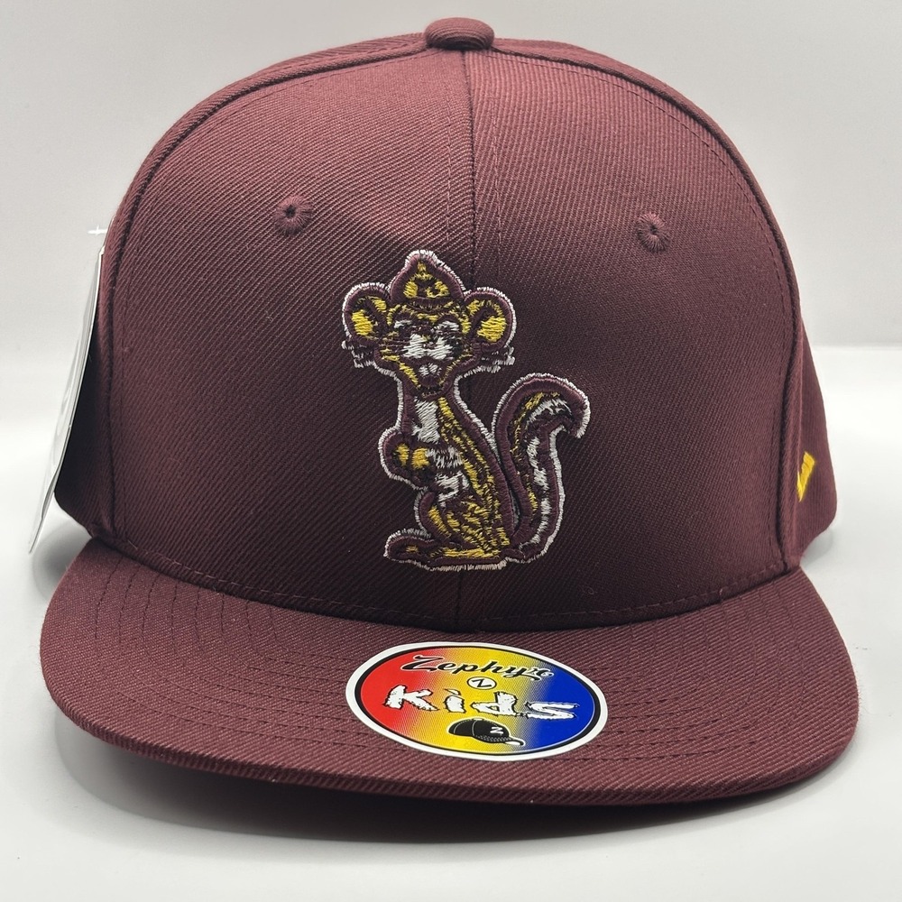 Zephyr Kids Snapback Hat Maroon Squirrel Embroidered Flat Brim Adjustable Cap